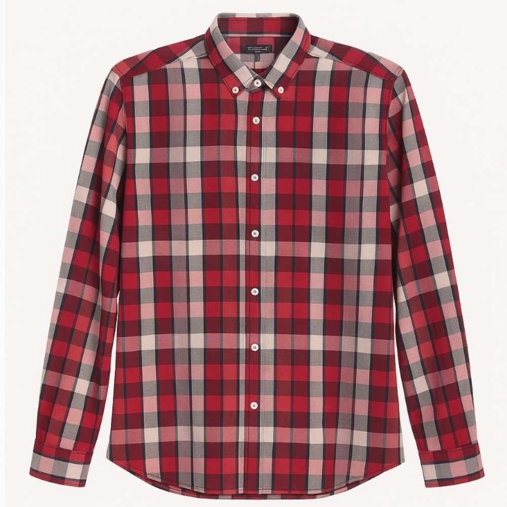 Zara Man Slim Fit Plaid Button Down Shirt Red Blue White Men's Size L - Picture 3 of 7